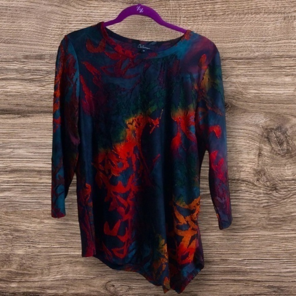 Calessa asymmetrical patchwork, tie-dye top. 3/4 sleeve. Medium.